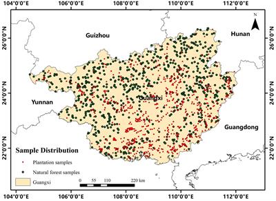 Mapping spatial and temporal distribution information of plantations in Guangxi from 2000 to 2020